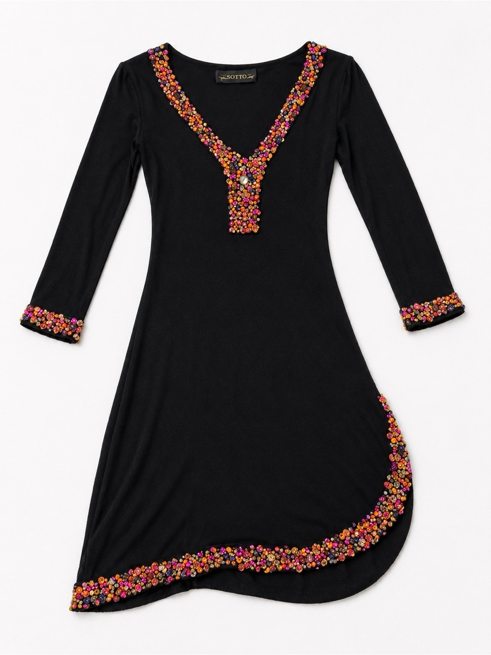 Black Embellished V-Neck Dress with Multicolor Beaded Trim